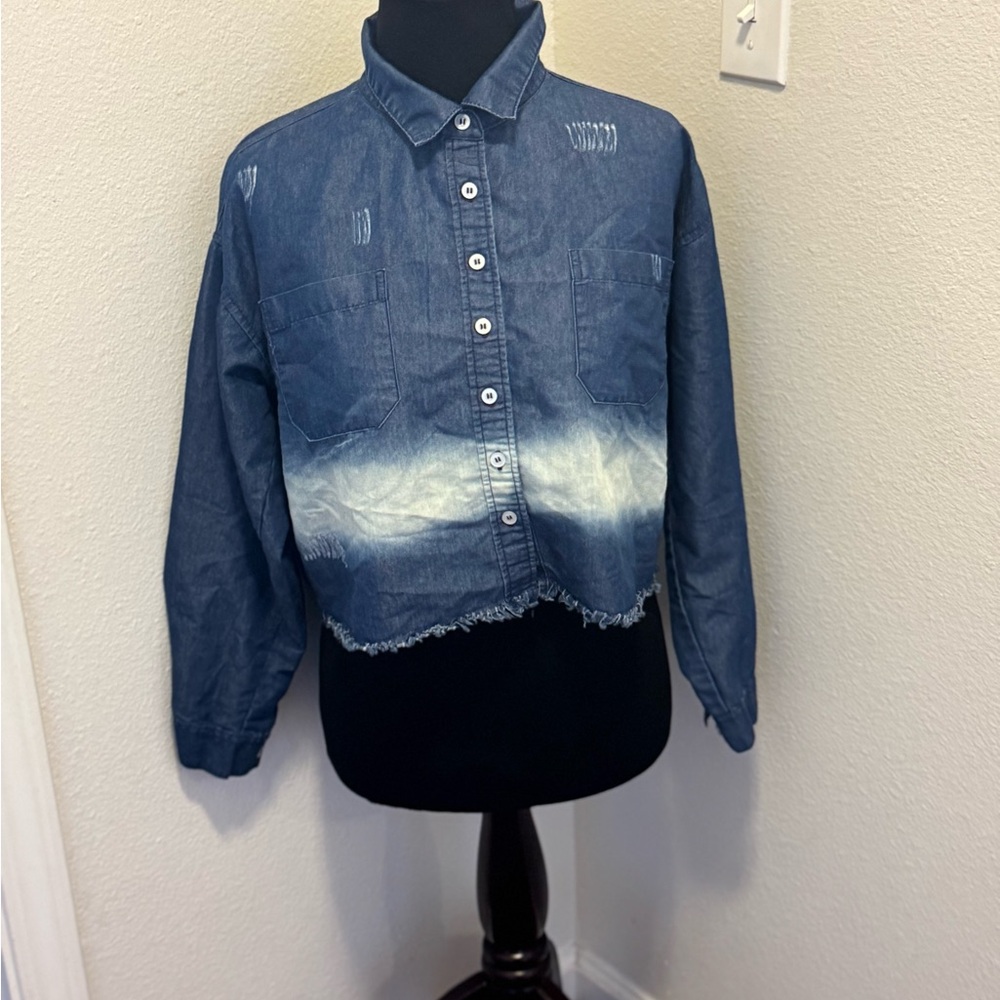Women's Distressed Denim Jean Jacket - Picture 1 of 7